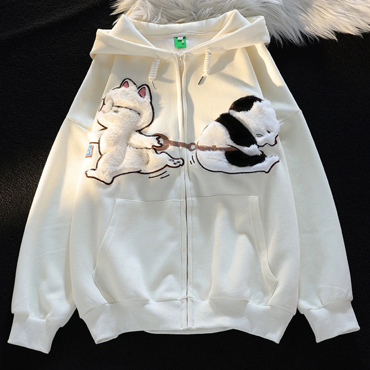 Korean New Design Embroidery Cartoon Hooded Coat Autumn Winter Cat Print Zip Up Women Man Hoodies Streetwear Couples Clothes Top - reetell