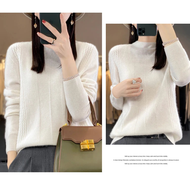 2024 Autumn Winter Women 100% Merino Wool Sweater Striped O-Neck Pullover Knitwear Casual Undershirt Cashmere Clothing Tops - reetell