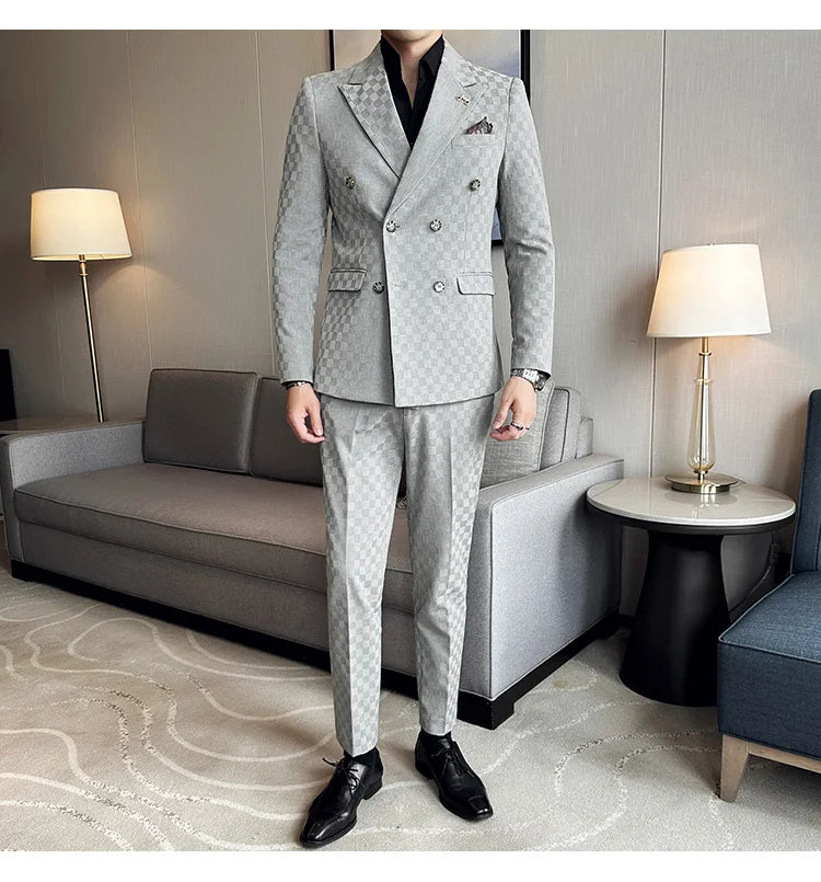 (Jacket+Pants) 2 Pieces Blue Apricot Business Party Men Suits Double Breasted Formal Style Custom Made Wedding Groom Tuxedos - reetell