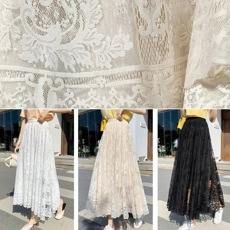 Lace High Waist Skirt Women Faldas Ropa Mujer Casual Loose Summer White Long Skirts Ladies Fashion Jupe Solid Woman Clothes Saia - reetell