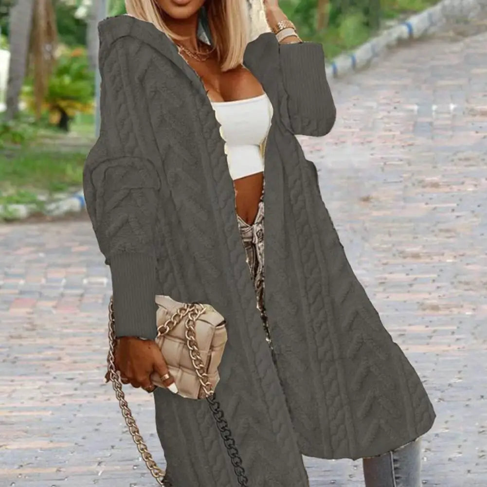 Women Long Cardigan with Hood Women Knitting Coat Stylish Women's Knee-length Sweater Cardigan Long Knitting for Autumn/winter - reetell