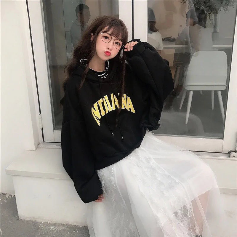 Autumn Thick Women Hoodies Fashion Loose Fake Two Piece Letter Printing Tops Harajuku Warm Preppy All Match Crop Sweatshirts - reetell