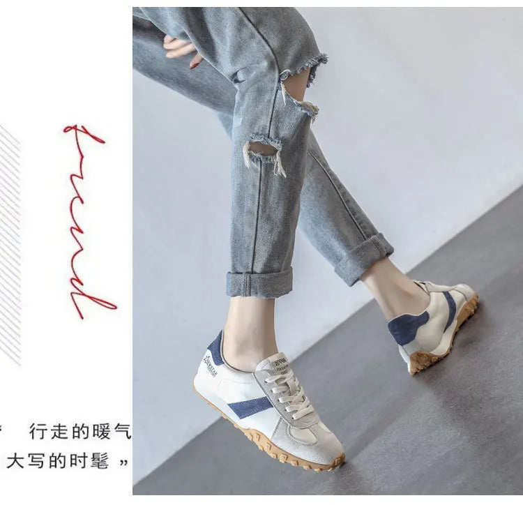 2024 Spring Autumn Casual Sneakers Women Suede Leather Patchwork Mixed Colors Lace-Up Round Toe Platform Shoes Lady Flats - reetell