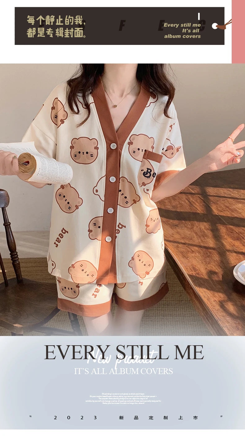 Korean Pajamas Set for Women Summer Loungewear Sleepwear Girls Sweet Lapel Pyjama Kawaii Bear Printed Pijamas Japanese Home Suit