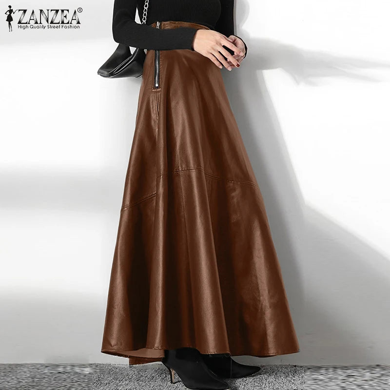 2023 Fashion Solid Mujer Faldas ZANZEA PU Leather Maxi Skirts Women's Elegant OL Long Saias Casual High Waist Zipper Jupe Femme - reetell