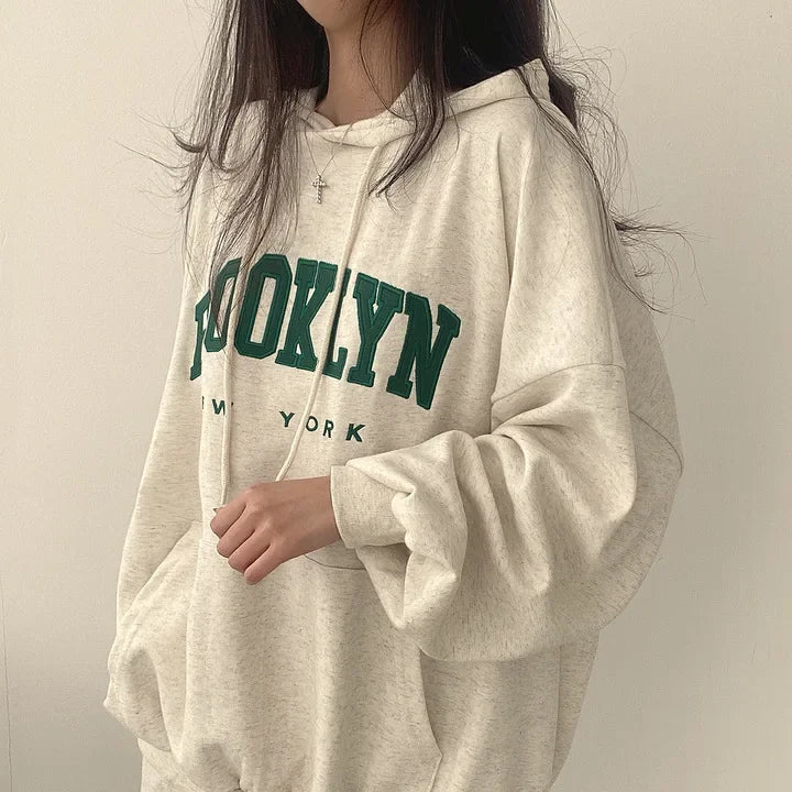 BROOKLYN Letter Print Hoodies Women Retro Chic Long Sleeve Loose Pullovers 2024 Harajuku Casual Hooded Sweatshirt Y2K Streetwear - reetell