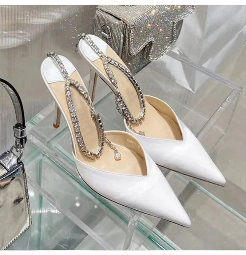 Luxury Rhinestones Chains Women Pumps Designer Sandals High Heels Summer Ankle Strap Party Shoes Star Style Wedding Prom Shoes