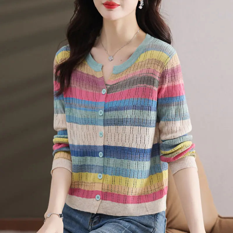 Fashion Women Clothing Colorful Striped Cardigan Sweater Spring Autumn New Korean Versatile Casual Long Sleeve Knitted Coats - reetell