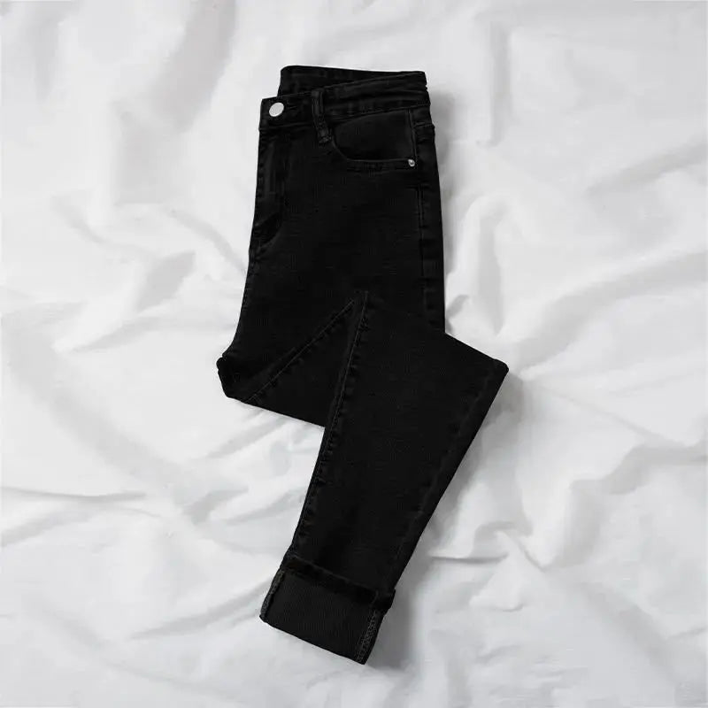 Spring Autumn and Winter Skinny Warm Jeans Women Velvet Ankle Length Casual Thick Pencil Pants Basic Fleece Denim Trousers - reetell