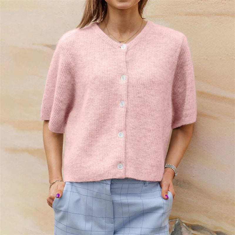 Lamuusaa y2k Sweaters 2000s Clothes Solid Color Round Neck Single Breasted Short Sleeve Cardigan Tops for Women Streetwear - reetell