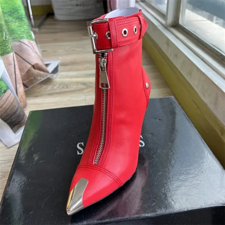 Belt Buckle Front Zipper Fashion Show Short Boots Women's Autumn Winter New Pointed Metal Decoration Red High Heels Ankle Boots