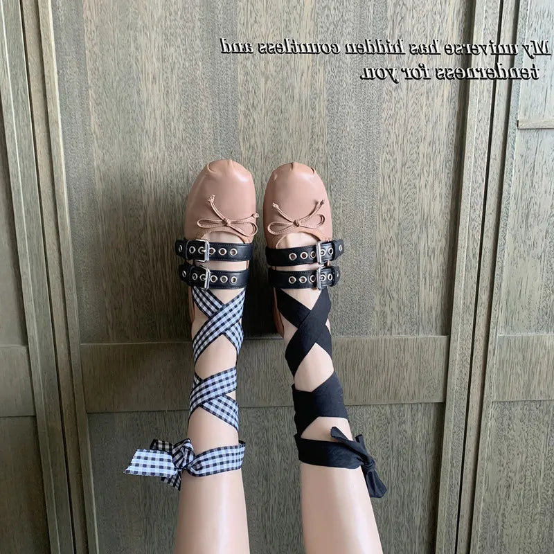 Women Flats Female Ballet Punk Doll Riband Shallow Bow Tie Sandals Ladies Fashion Desigh Sweet Retro Round Toe Buckle Cozy Shoes