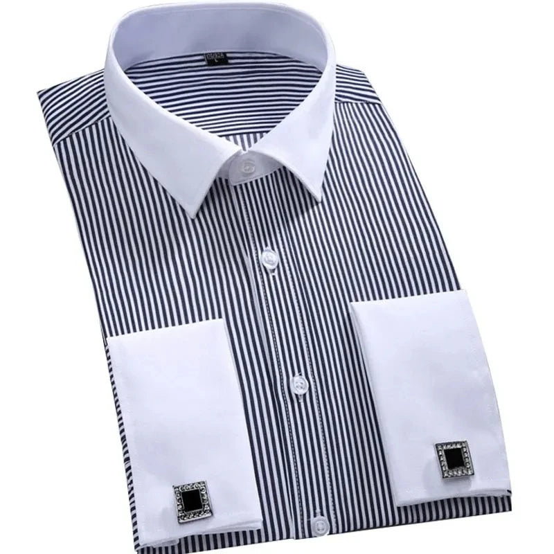 Men's French Cuff Dress Shirt 2023 New White Long Sleeve Formal Business Buttons Male Shirts Regular Fit Cufflinks Shirt M~6XL