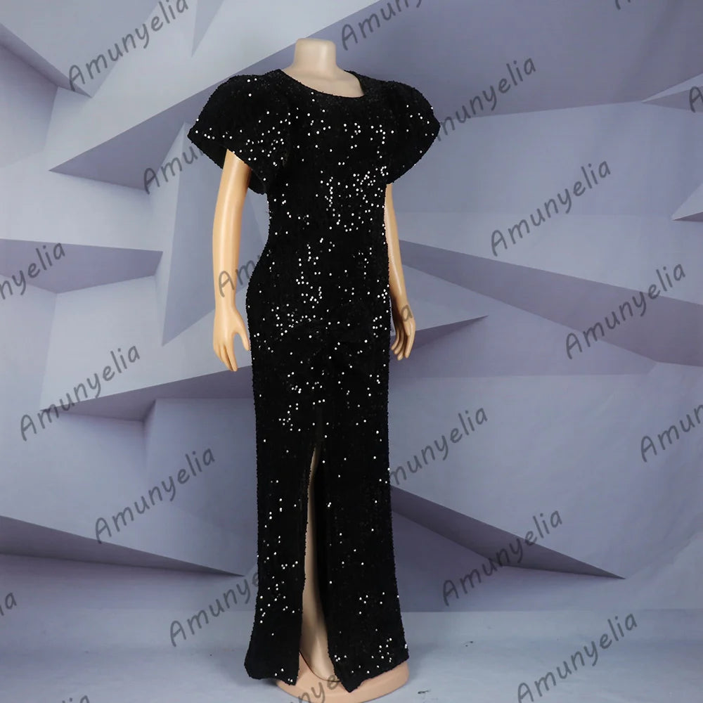 2023 African-American Evening dress Black sequin round neck puffed sleeve high slit floor-length fishtail dress - reetell