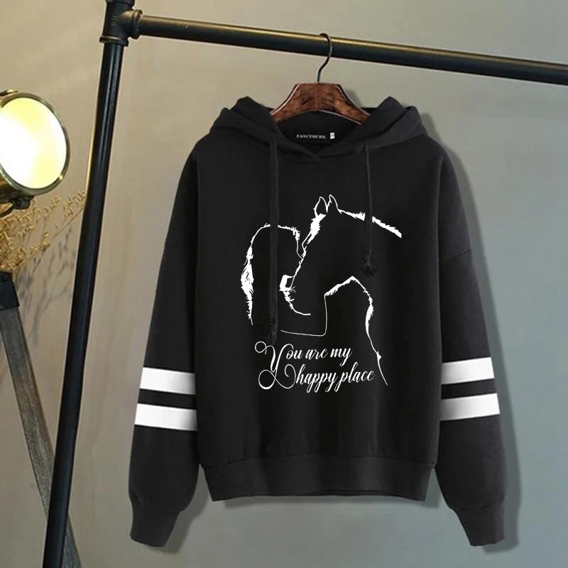 Horse And Girl You Are My Happy Place Printing Hoodie  Pullovers Tops Autumn and winter stripes Long Sleeve Sweatshirt - reetell