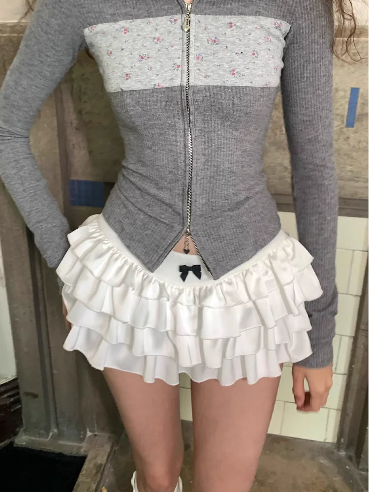 Y2k Kawaii Cute Cake Ruffles White Mini Skirt Women Bow Slim Skirt Elastic Waist Summer A-line Skirt Going Out Party Streetwear - reetell