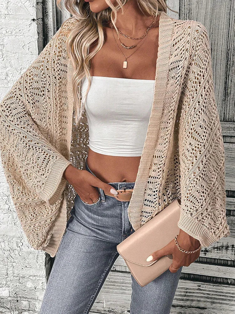 Polyester 100.00% solid color camisole knit cardigan elegant front open bat wing sleeve loose cardigan for women - reetell