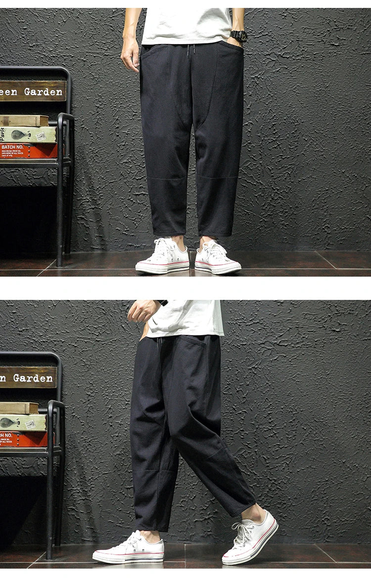 100% Cotton Ankle Length Pants Summer Casual Pants Man Trendy Japanese Loose Pants Men - reetell