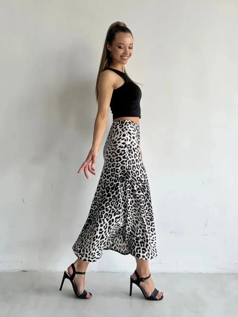 Sexy Leopard Print Long Skirts For Women 2024 Summer Fashion Vintage Women's Satin Maxi Skirt Female High Waist A-Line Skirt - reetell