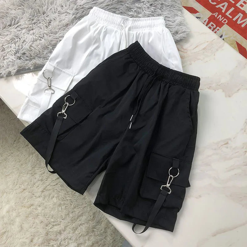 Lucyever Black White Summer Cargo Shorts Women Harajuku Streetwear Unisex Hip Hop Shorts High Waist Baggy Wide Leg Short Pants - reetell