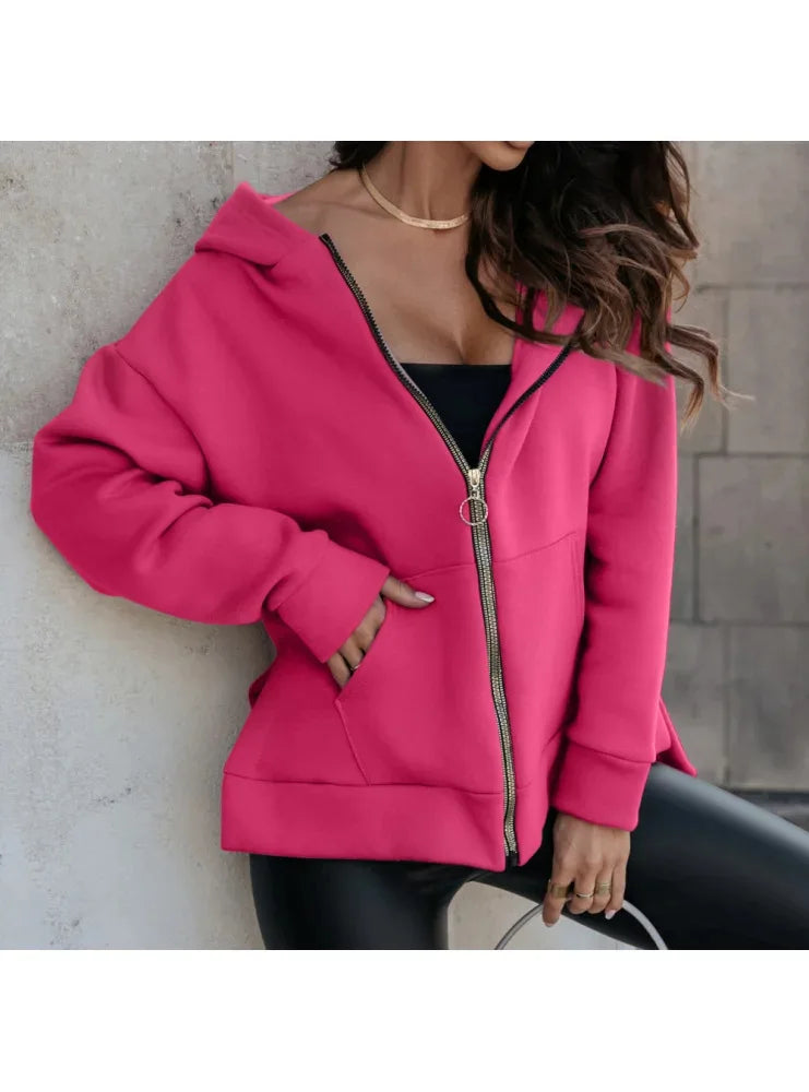 Autumn Winter Women Casual Streetwear Oversize Asymmetrical Zipper Hoodie Jacket Harajuku Y2K Long Sleeve Hooded Sweatshirt Coat - reetell