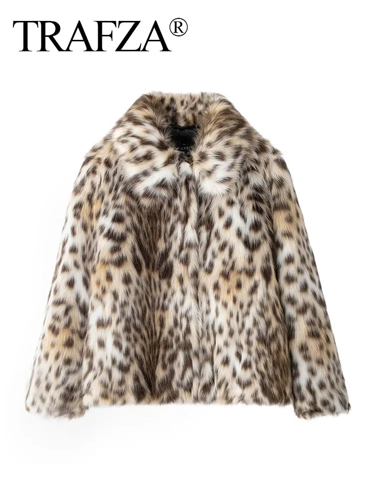 TRAFZA 2024 Woman Lapel Long Sleeves Side Pockets Casual Coat Women Winter Leopard Print Faux Fur Loose Slim Warm Coat Mujer - reetell