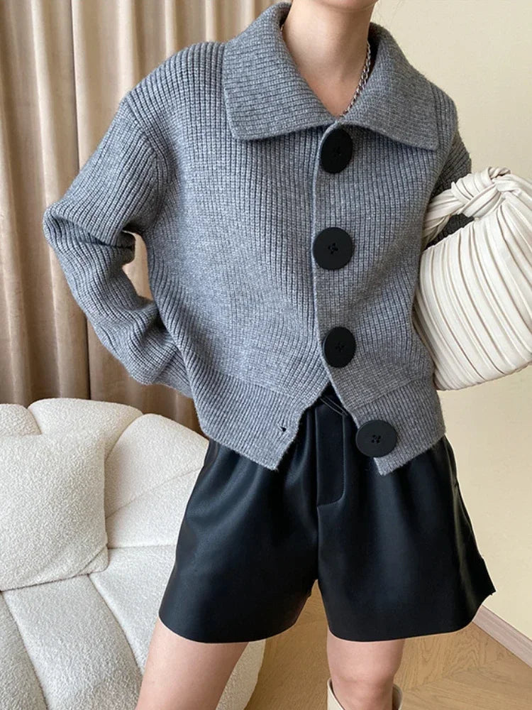 Fashion Big Button Cardigan for Women Loose Thickening Turn-down Collar Knit Sweater Autumn and Winter 2024 Grey Cardigan Coat - reetell