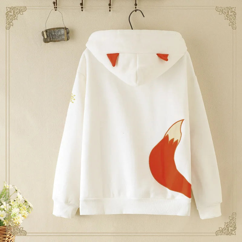 Hot Autumn Cute Fox Printing Hooded Sweatshirt Women Clothing Pullovers Plus Velvet Patchwork Female Sweet Thick Warm Hoodies - reetell