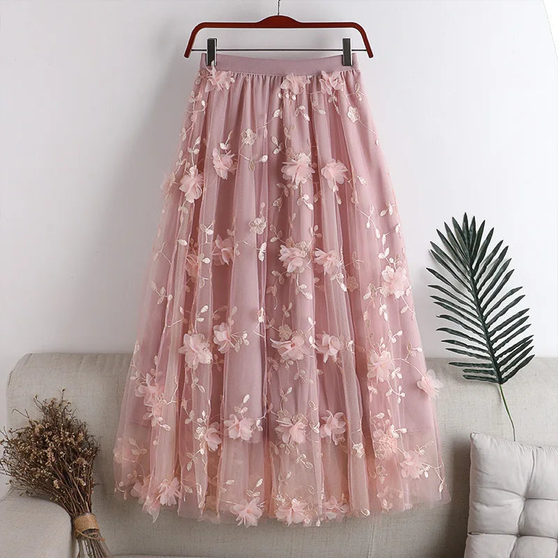 LANMREM Embroidered Floral Spliced Mesh Skirt Women Casual Elastic High Waist A-line Skirts Fashion 2023 Autumn New 2AA2763 - reetell