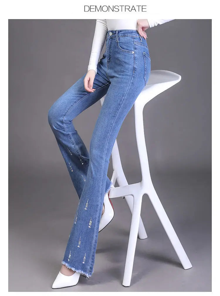 Spring Autumn New Trend Trimmings High Waist Denim Pants Womens Korean Embroidery Button Pockets Wash Slim Micro Flare Jeans - reetell