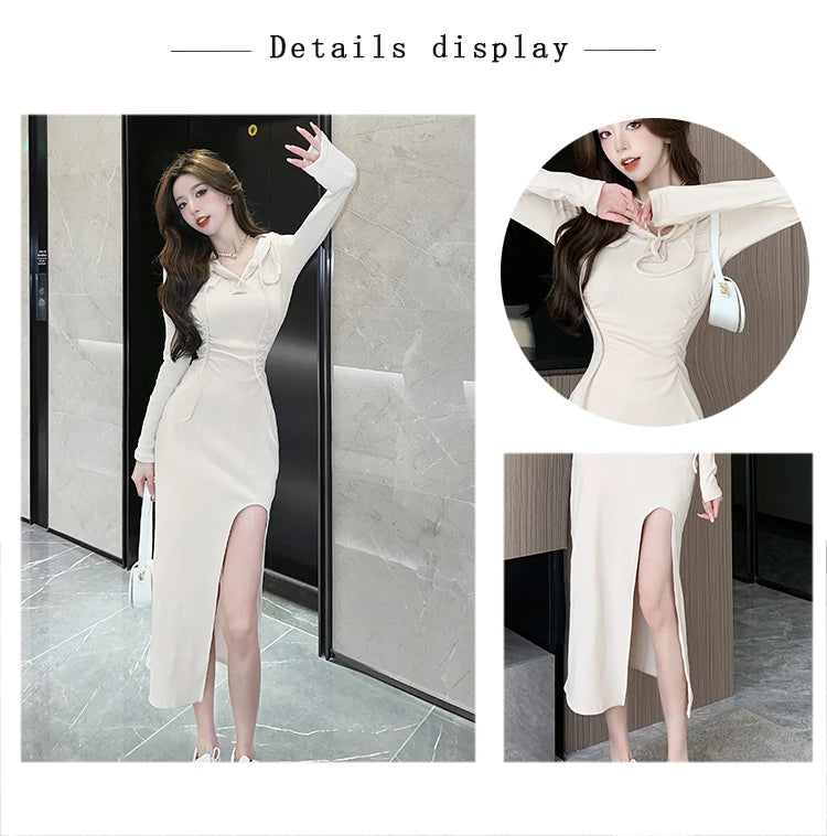 Autumn Fashion Solid Hooded Party Dresses for Women Elegant Birthday Evening Dress Female Sweatshirt Slit Midi Vestidos Mujer - reetell