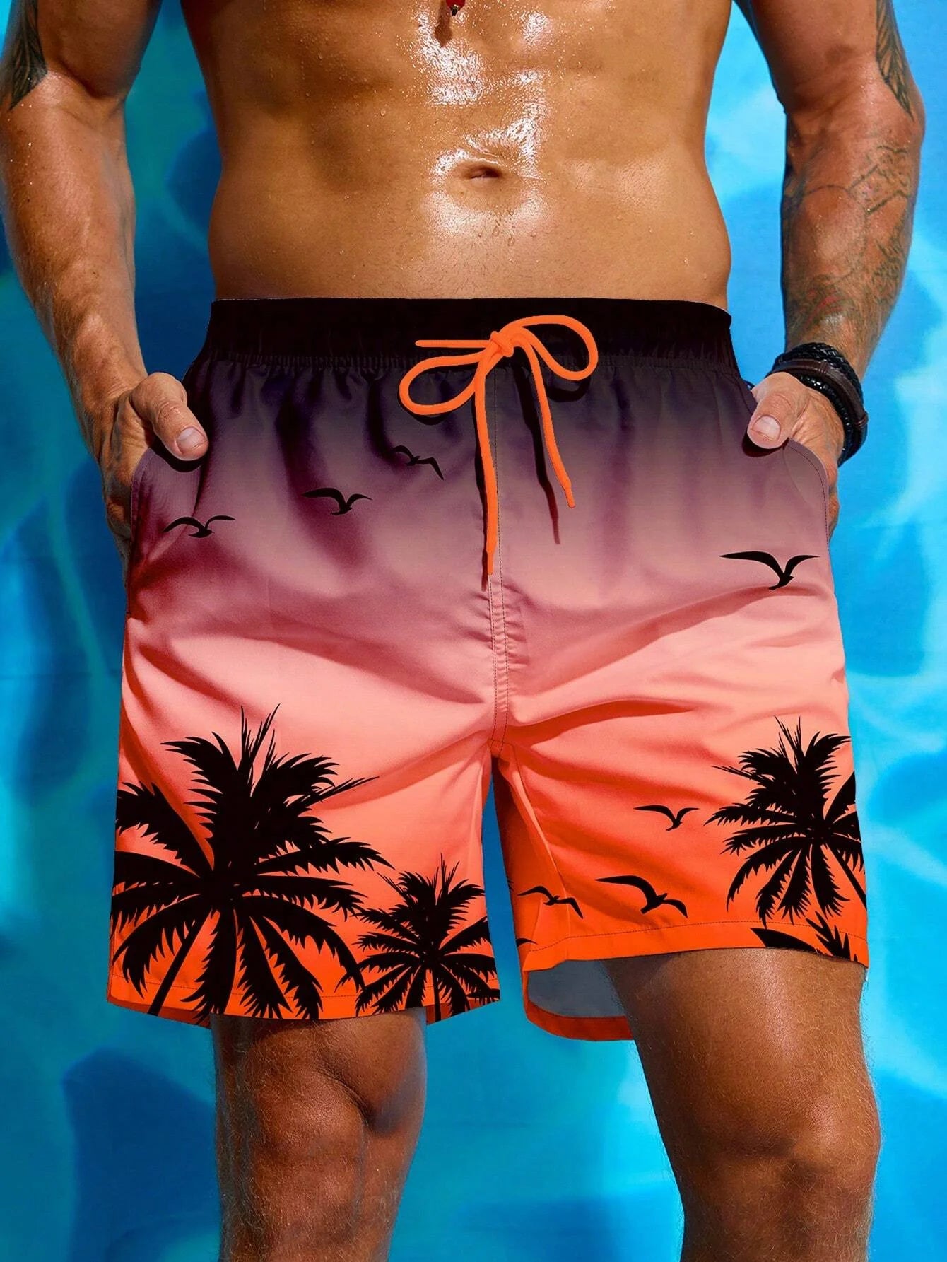 Summer Vacation Men's Palm Tree Print Drawstring Waist Board Shorts Fashion Swim Trunks 3D Print Breathable Short Streetwear - reetell