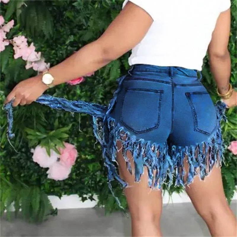 Fashion Tassel Splice Trouser Legs Denim Shorts Women High Waist Button Mini Jeans Female Casual Three Quarter Pants Streetwear - reetell