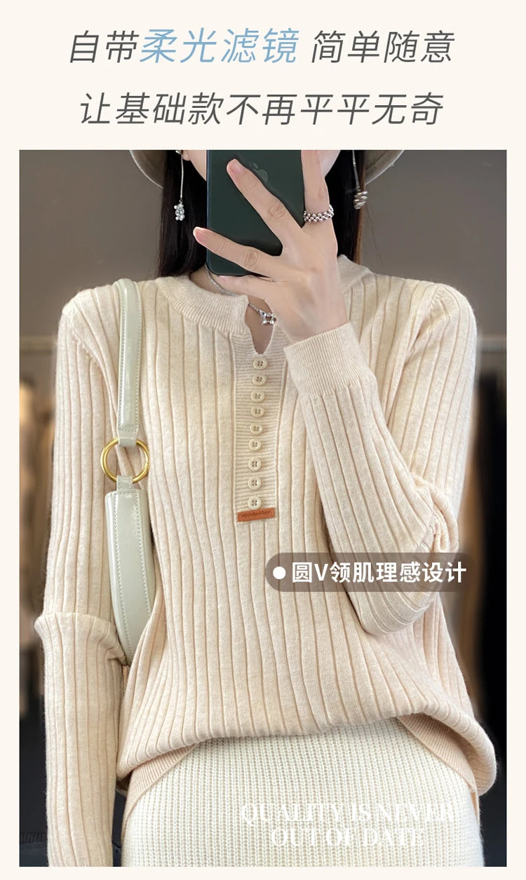 Women's Sweater Autumn/Winter New Solid Color Knitwear V-Neck Pullover Ladies Clothes Fashion Blouse Korean Style Loose Tops - reetell