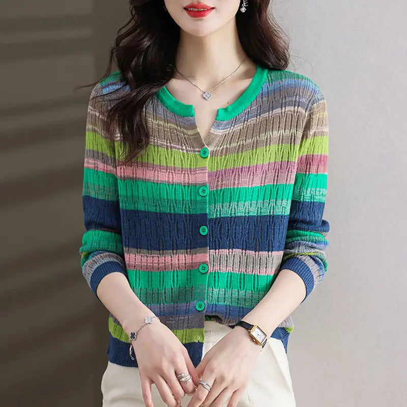 Fashion Women Clothing Colorful Striped Cardigan Sweater Spring Autumn New Korean Versatile Casual Long Sleeve Knitted Coats - reetell