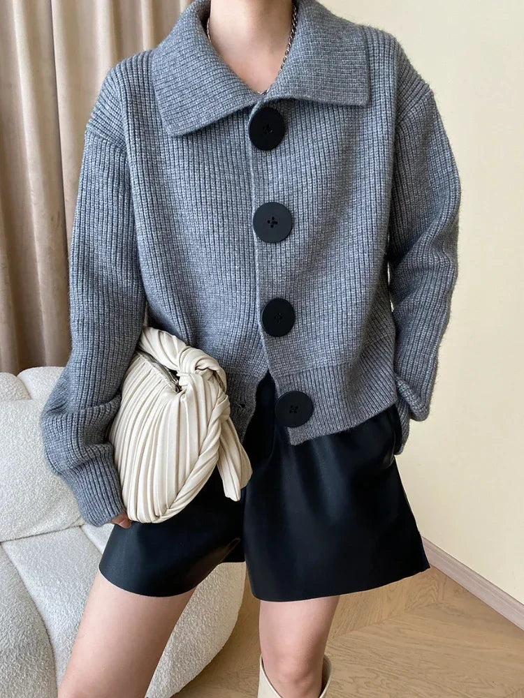 Fashion Big Button Cardigan for Women Loose Thickening Turn-down Collar Knit Sweater Autumn and Winter 2024 Grey Cardigan Coat - reetell