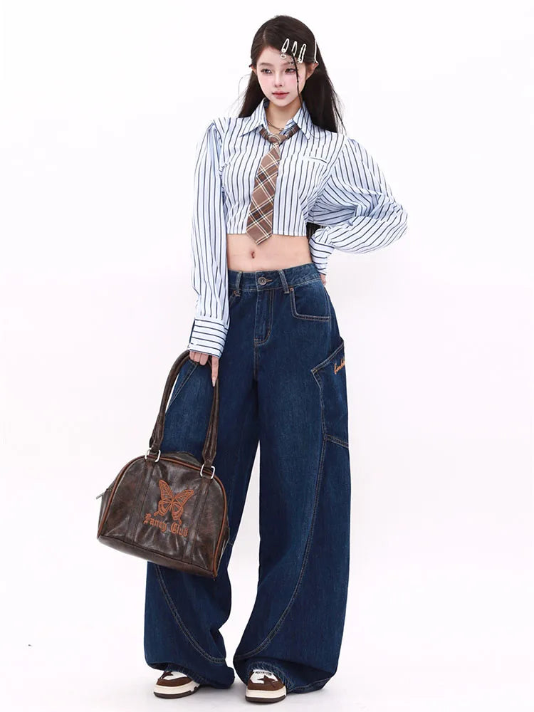 WCFCX STUDIO Women's Wide Leg Jeans American Vintage Street Style High Waisted Casual Trousers Design Sense Niche Baggy Pants - reetell