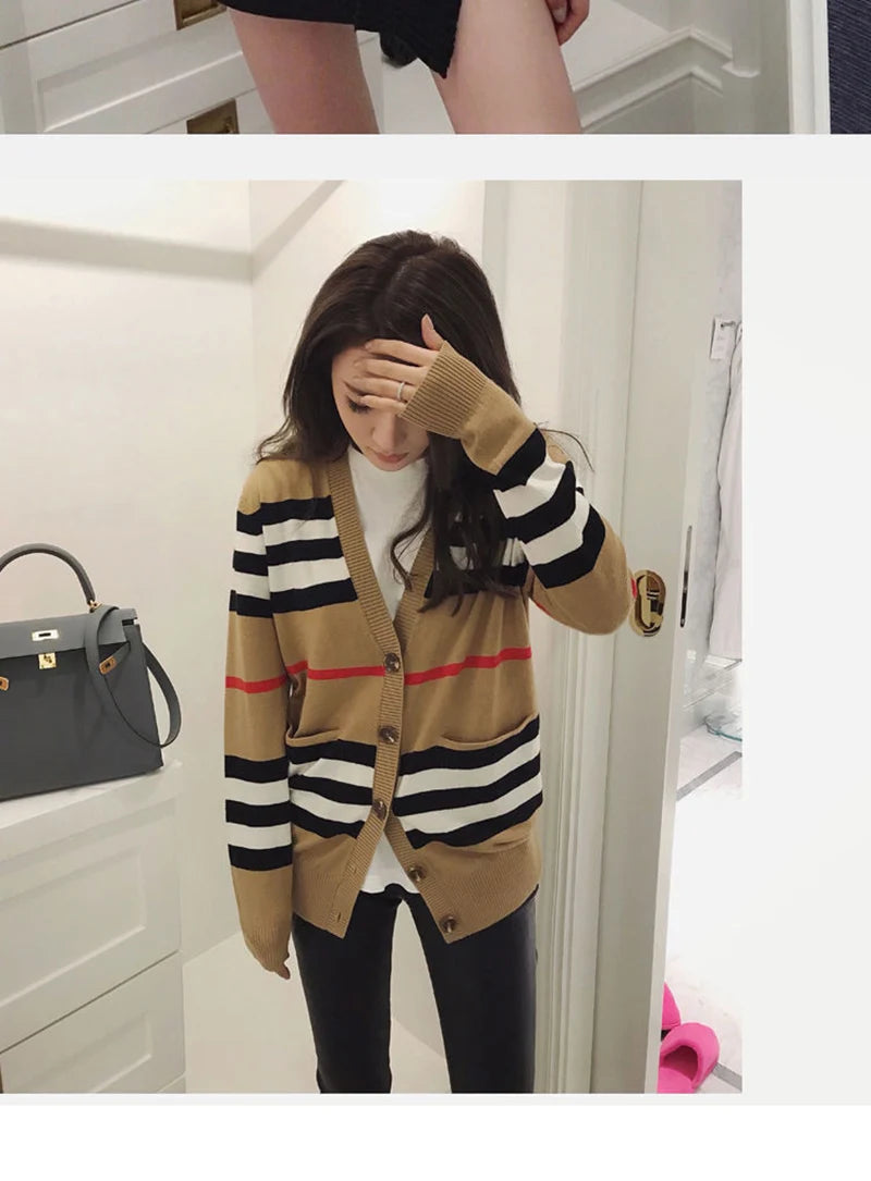 Women Striped Knitted Cardigan Fall Winter Loose Korean Sweater Casual Fashion Office Lady V Neck Single Breasted Design Top - reetell