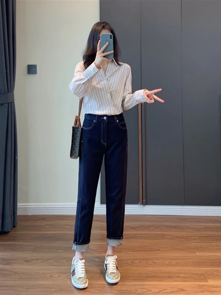 Y2k Women's Jeans Straight Leg Pants Women's Thin 2024 New Oversized Dad Pants High Waisted Slimming Elastic 9-inch Harlan Pants - reetell