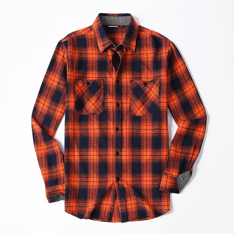 2023New Men Casual Plaid Flannel Shirt Long-Sleeved Chest Two Pocket Design Fashion Printed-Button