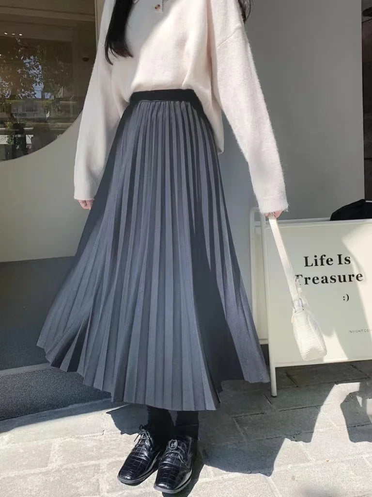 2023 Women Elegant Pleated Skirt High Waist Women Mid-long Skirt Female Ladies High Quality Women Midi Skirt Black Saia - reetell