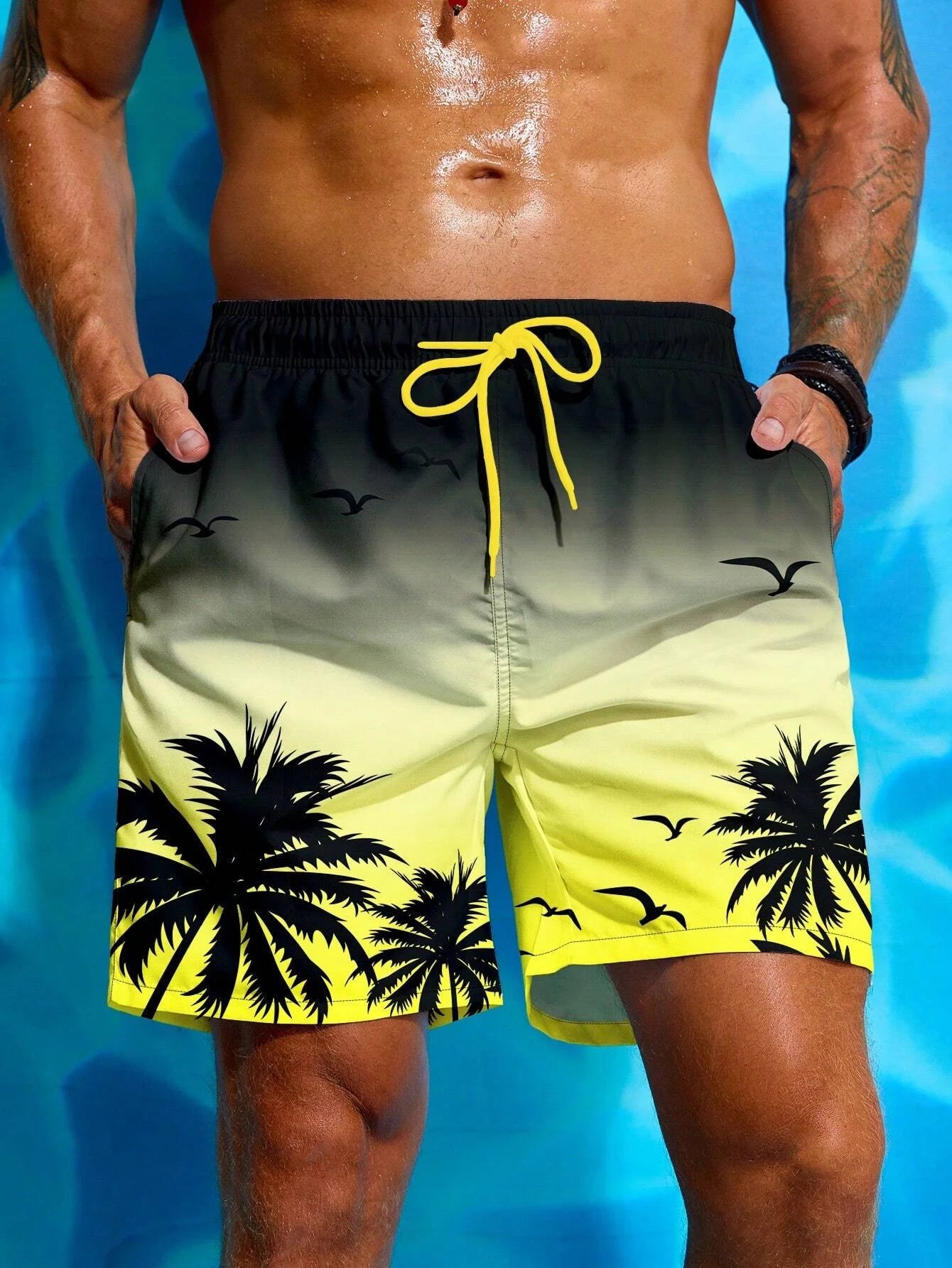 Summer Vacation Men's Palm Tree Print Drawstring Waist Board Shorts Fashion Swim Trunks 3D Print Breathable Short Streetwear - reetell