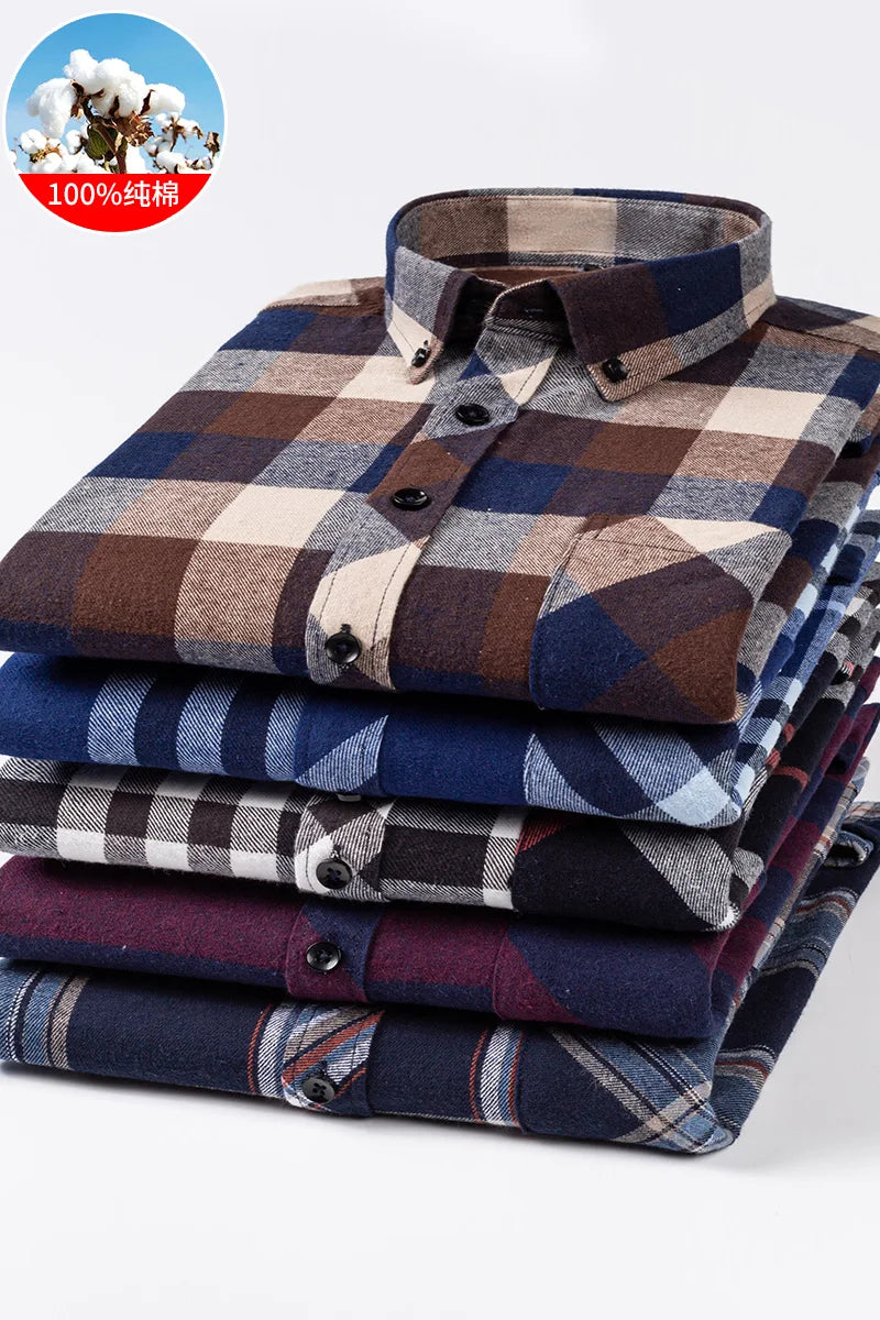 Cotton Mens Checkered Shirts Long Sleeve Soft Plaid Shirt Button Up Regular Fit Leisure Classical Vintage Comfortable Man Tops