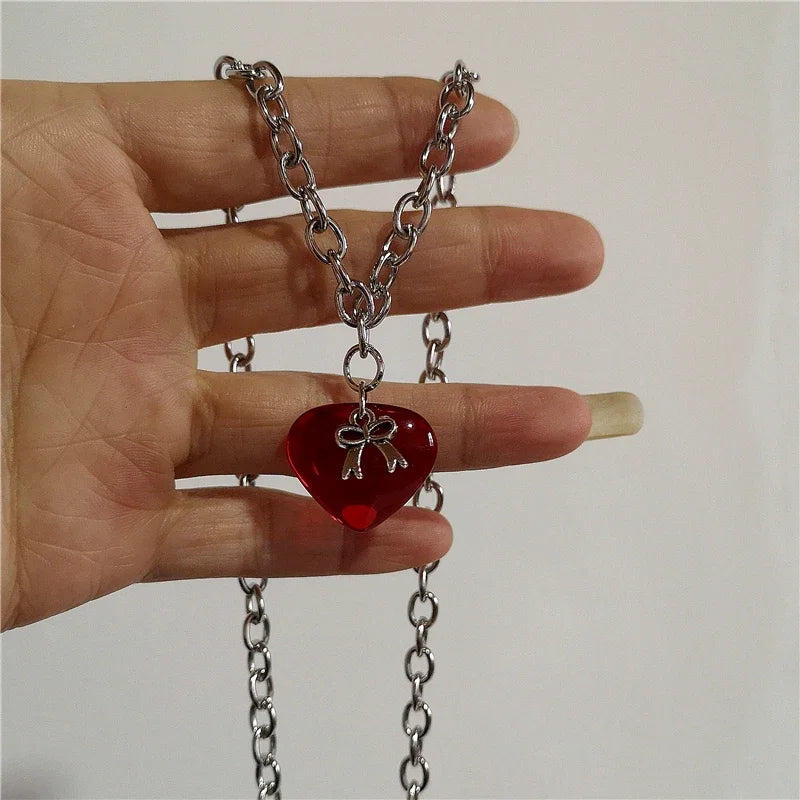 Punk Gothic Red Lava Star Cross Heart Pendant Leather Rope Necklace Women Men Hip Hop Y2K 90s EMO Accessories Aesthetic Jewelry