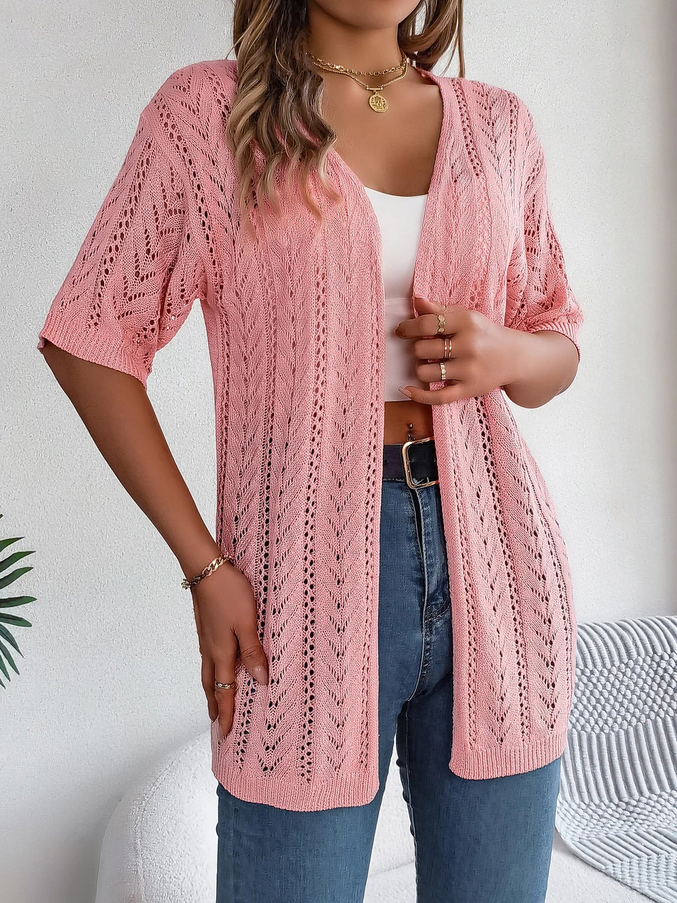 Casual Solid Color Short Sleeve Hollow Knitted Cardigan For Women - reetell