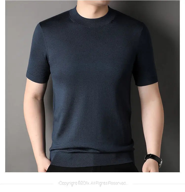 Worsted Mercerized Men Summer Short Sleeves T-shirt Versatile Fashion Male Clothing Half Turtleneck Casual Basic Knitted Tops - reetell