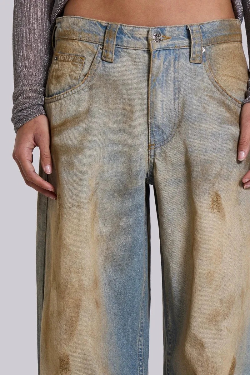 jaded london dirt-dyed blue jeans wide-leg straight-leg Dirtyfit faded old slacks - reetell