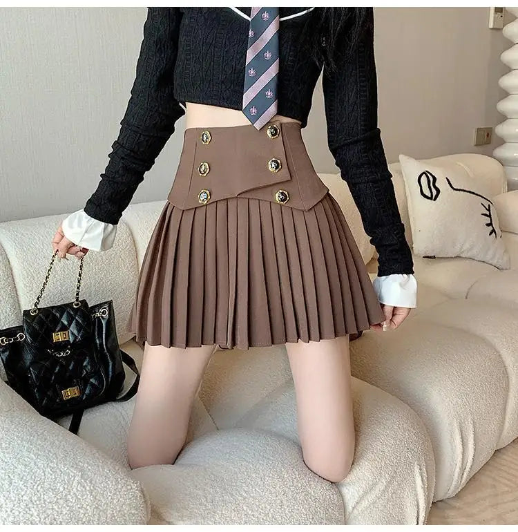 Pleated Skirt New Spring Autumn All-match Buttons Solid Color High Waist A-line Skirt Femme Preppy Style Pleated Trend Skirts - reetell