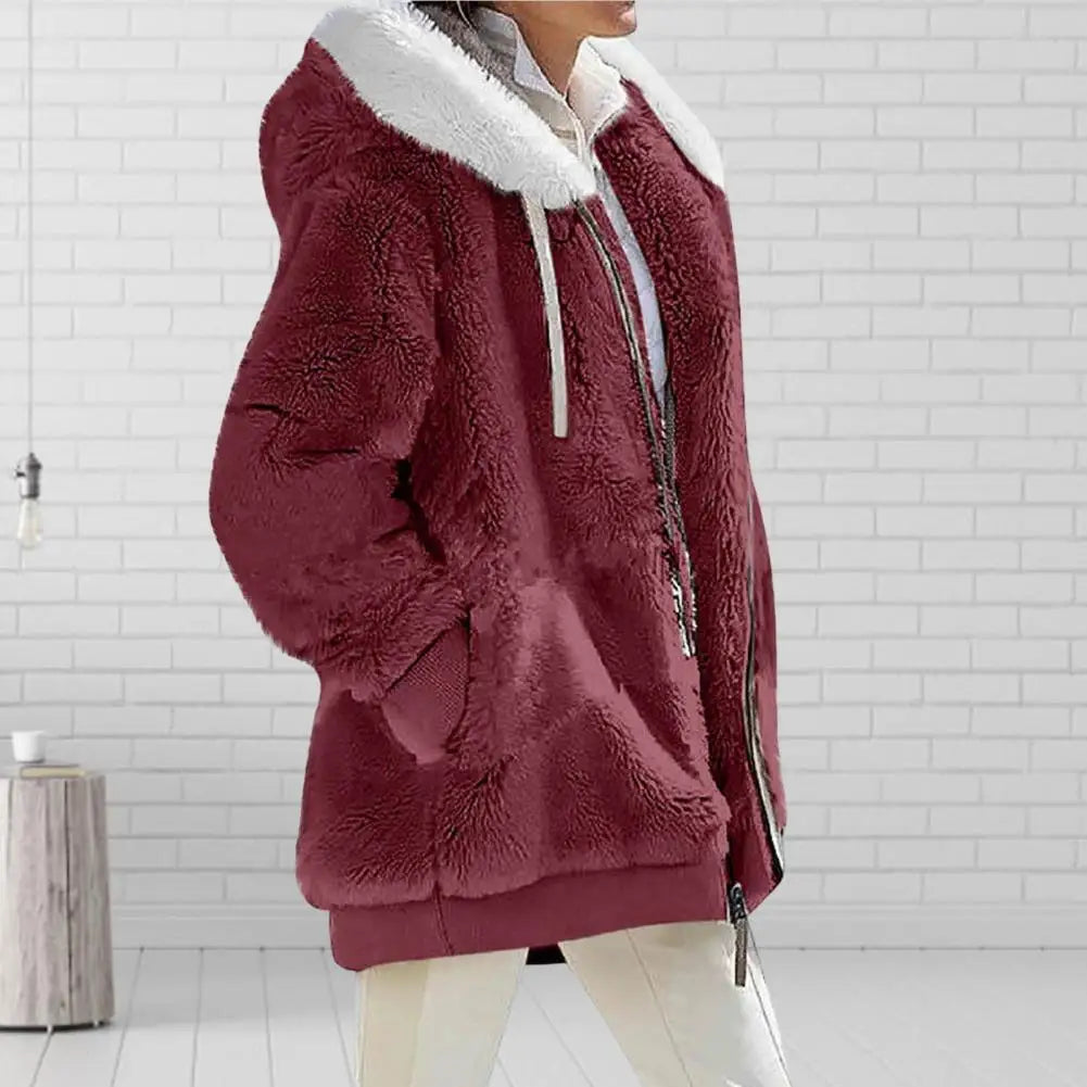 2023 New Women's Winter Coat Solid Color Warm Plush Large Size Ladies Coat Fall Winter Loose Plush Zipper Hooded Women's Coat - reetell