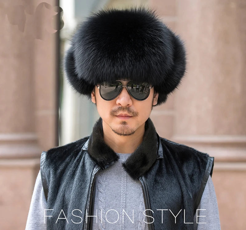 Winter Men's 100% Real Silver Fox Fur Bomber Hat Raccoon Fur Ushanka Cap Trapper Russian Man Ski Hats Caps Real Leather